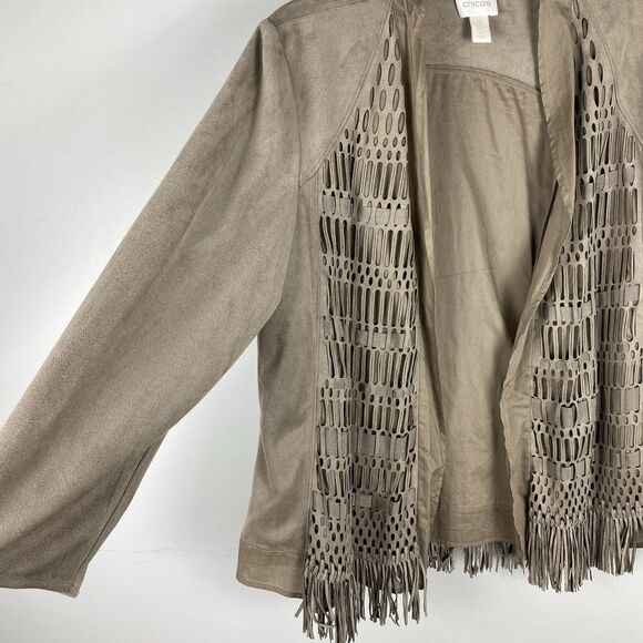Chicos Jacket sz 2 / Large Pewter Western Boho Fringe Faux Suede Artsy Folk - Picture 2 of 9